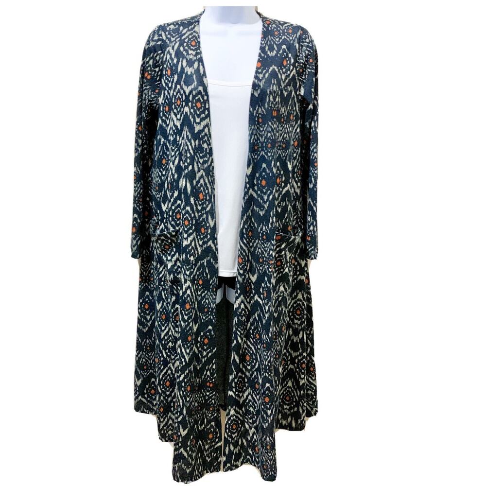 LULAROE Women Sz Small Sarah Long Cardigan Long Sleeves Front Pockets Blue‎ Ikat